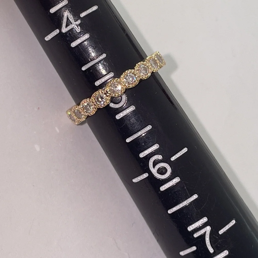 Solid Stamped 14K Yellow Gold Natural Diamond Semi Eternity Round Bead Band Ring